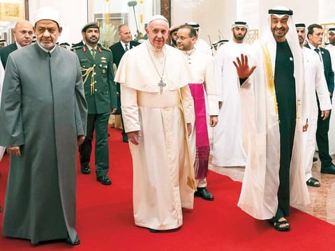 Shaikh Mohammad Bin Zayed with Pope Francis and Grand Imam of Al Azhar Ahmad Al Tayyeb during their visit. 