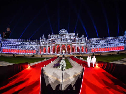 Sharjah Municipality building is illuminated during a laser show being held as part of the Sharjah Light Festival. 