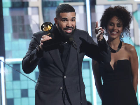 Drake accepts the award for best rap song for "God's Plan" at the 61st annual Grammy Awards on Sunday, Feb. 10, 2019, in Los Angeles.