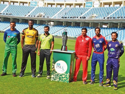 Captains during the trophy unveiling of HBL Pakistan Super League at Dubai International Cricket Stadium on Tuesday. 