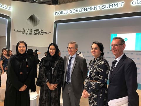 From left: Noora Al Abbar; Mona Al Merri, director-general of Dubai Media Office, Bernardino Leon, Nancy Jamal and Johan Verbeke on the sidelines of the World Government Summit.