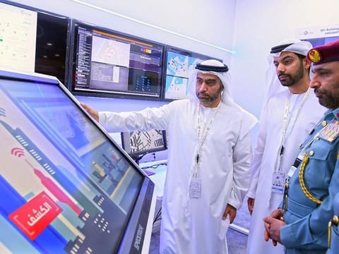 Major General Jasem Mohammad Al Marzouqi (right), general commander of Civil Defence in the Ministry of Interior, with Al Braiki (centre) at the Hassantuk operation room in Abu Dhabi.