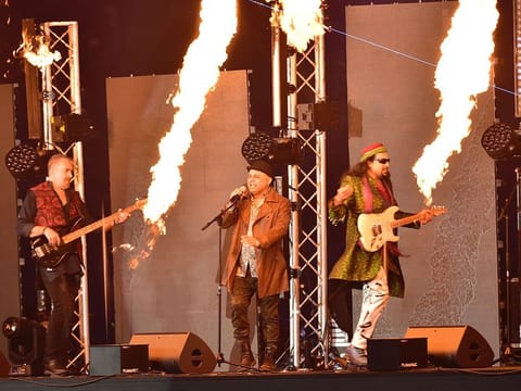 Music band Junoon Sofi perform during the PSL opening ceremony at the Dubai Cricket Stadium. 