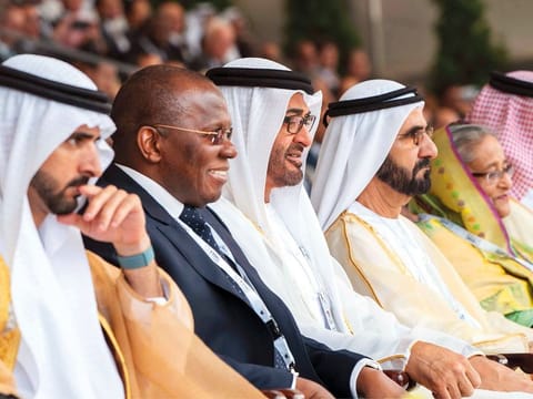 Shaikh Mohammad Bin Rashid Al Maktoum, Shaikh Mohammad Bin Zayed Al Nahyan, Shaikh Hamdan Bin Mohammad Bin Rashid Al Maktoum, Crown Prince of Dubai, Ibrahima Kassory Fofana, Prime Minister of Guinea, and Bangladesh Prime Minister Shaikh Hasina attend the opening ceremony of IDEX in Abu Dhabi on Sunday.