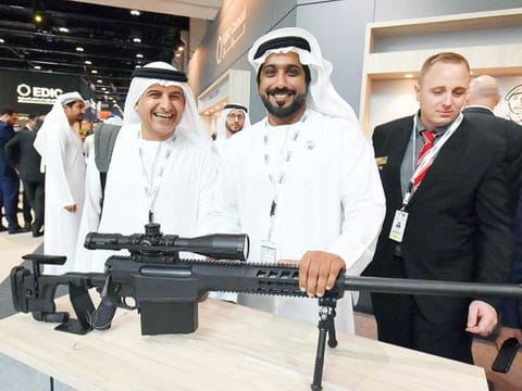 Hamad Salem Al Ameri, Director-Business Development, Emirates Defence Industries Company, (EDIC), with the CSR 50 Snifer, made in UAE at their pavilion in Adnec.