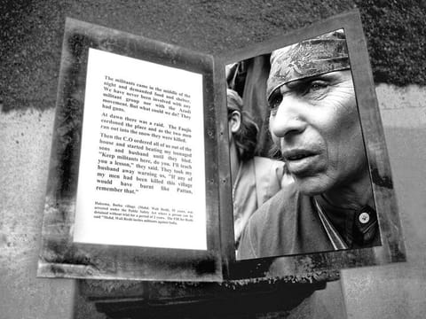 Sheba Chhachhi and Sonia Jabbar, Detail from ‘ When the gun is raised, dialogue stops….’ women voices from the Kashmir valley , 2000/2005