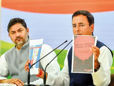 Congress Spokesperson Randeep Singh Surjewala addresses a press conference at AICC, in New Delhi, Thursday, Feb. 21, 2019. 
