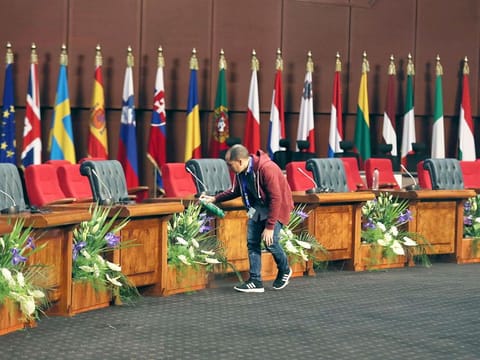 A worker prepares the International Congress Centre a day before the first EU-Arab League Summit in Sharm Al Shaikh, Egypt, February 23, 2019. 