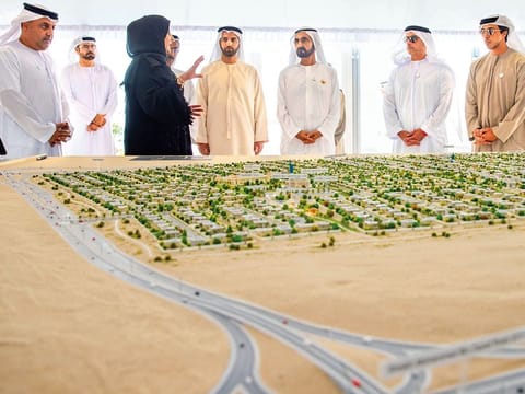 Shaikh Mohammad Bin Rashid inspected housing projects under construction in Ras Al Khaimah, including Butain Al Samar Housing District. Shaikh Saif, Shaikh Mansour, Al Gergawi and Al Nuaimi were present.