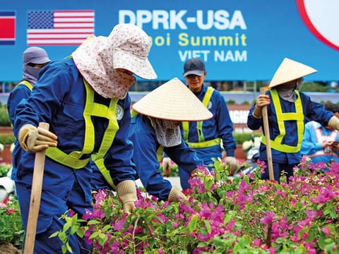A garden being prepared outside the international media centre ahead of the summit in Hanoi. 