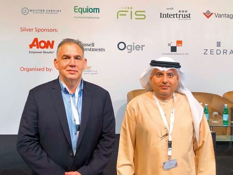 Dr Abdul Rahman Abdul Manan Al Awar (right) and Sean Kelleher at the first Workers Incentives and End of Service Benefits Conference held in Dubai.