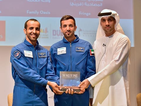 From left: Hazzaa AlMansouri, Sultan AlNeyedi and Salem Al Marri at the launch the Race To Space book at the Emirates Airline Festival of Literature on 1st March, 2019. Photo