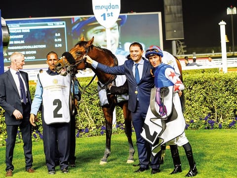 Owner Nabil Mourad and jockey Christophe Soumillon enjoying the moment at Meydan Racecourse on Thursday. 