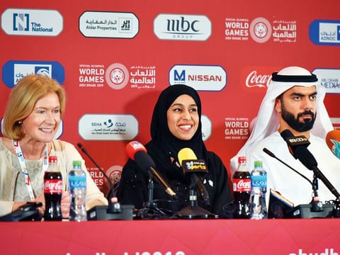Mary Davis (left), CEO of Special Olympics,  Hessa Bint Eisa Bu Humaid (centre), Minister of Community Development, and Saif Saeed Gobash, Member of the Higher Committee for Special Olympics, at Adnec in Abu Dhabi.