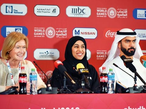 Mary Davis (left), CEO of Special Olympics,  Hessa Bint Eisa Bu Humaid (centre), Minister of Community Development, and Saif Saeed Gobash, Member of the Higher Committee for Special Olympics, at Adnec in Abu Dhabi.