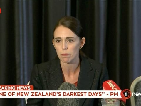 New Zealand's Prime Minister Jacinda Ardern speaks on live television following fatal shootings at two mosques in central Christchurch, New Zealand March 15, 2019, in this still image taken from video. 