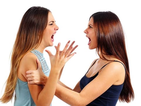 Two aggressive women arguing and shouting.