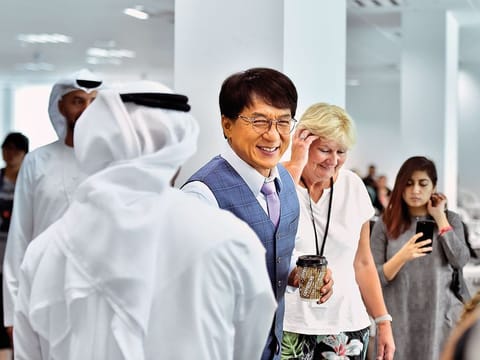 Jackie Chan talks to the media about his latest movie Vanguard at Dubai Studio City. 