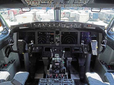 The cockpit of a grounded Lion Air Boeing Co. 737 Max 8 aircraft is seen at terminal 1 of Soekarno-Hatta International Airport in Cenkareng, Indonesia, on Tuesday, March 15, 2019.
