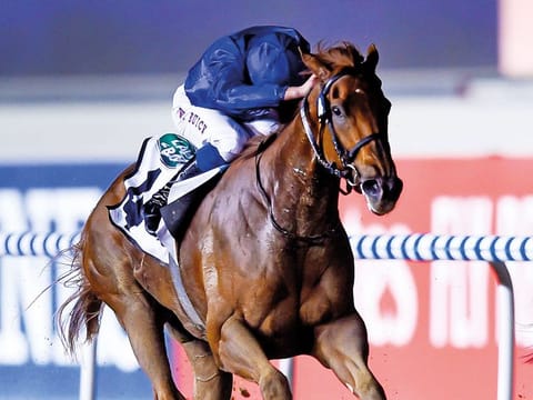 Divine Image, ridden by jockey William Buick and trained by Charlie Appleby wins the UAE Oaks race on Dubai World Cup Carnival meeting at Meydan racecourse on Thursday 21 February 2019.
