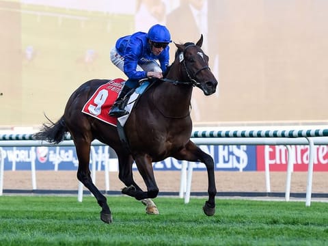 Blue Point, ridden by jockey William Buick and trained by Charlie Appleby wins Nad Al Sheba Turf Sprint race on Super Saturday at Meydan racecourse.
