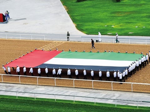 Dubai Police personnel rehearsing for opening ceremony as Meydan gets ready for the Dubai World Cup. 
