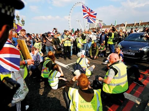 File picture of pro-Brexit yellow vest protesters blocking Westminster Bridge. Boris Johnson's conclusive victory clears the decks for a final outcome for the UK's departure from the EU..