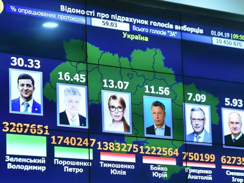 Preliminary results of the first round of Ukraine's presidential election at the Central Electoral Commission headquarters in Kiev.