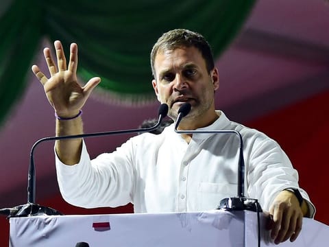 Congress President Rahul Gandhi gestures as he speaks during the Congress-JD(S) rally ahead of Lok Sabha election in Bengaluru, Sunday, March 31, 2019. 