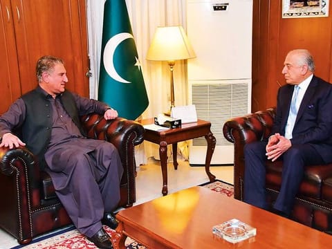 Pakistan’s Foreign Minister Shah Mahmoud Qureshi, left, speaks with US envoy Zalmay Khalilzad — the US Special Representative for Afghanistan Reconciliation — during a meeting at the Foreign Ministry in Islamabad.