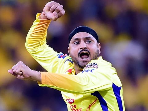 CSK bowler Harbhajan Singh celebrates for  the wicket of  KXIP batsman Mayank Agarwal during the Indian Premier League 2019 (IPL T20) cricket match between Chennai Super Kings (CSK) and Kings XI Punjab (KXIP) at MAC Stadium in Chennai, Saturday, April 6, 2019.