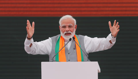Indian Prime Minister Narendra Modi gestures as he speaks after releasing India's ruling Bharatiya Janata Party (BJP)'s election manifesto for the April/May general election, in New Delhi, India, April 8, 2019. 