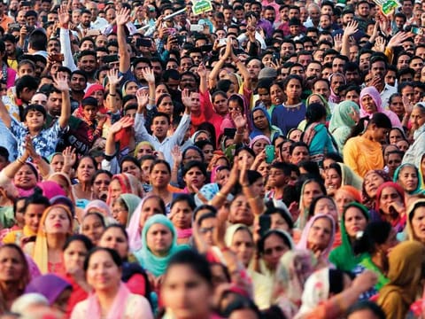 BJP supporters attend an election rally addressed by Indian Prime Minister Narendra Modi at Dumi village in Akhnoor.