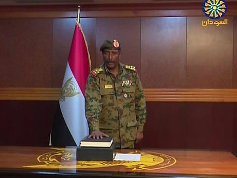 A grab from a broadcast on Sudan TV shows General Abdel Fattah al-Burhan Abdulrahman taking oath on April 12, 2019 as chief of the new military council, in the capital Khartoum