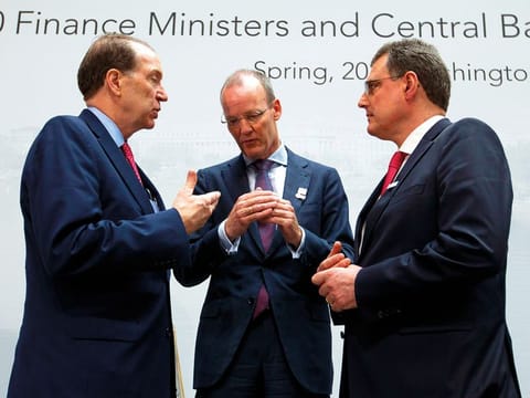 From left: World Bank President David Malpas, President of the Dutch Central Bank Klaas and Chairman of Swiss National BankThomas Jordan during the G20 Finance Minister and Central Bank Governors at the World Bank/IMF Spring Meetings in Washington.
