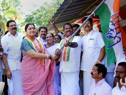 Actor-turned-politician and Congress leader Khushboo Sundar takes part in an election campaign for the party president Rahul Gandhi, ahead of Lok Sabha polls, in Wayanad, Tuesday, April 16, 2019. 