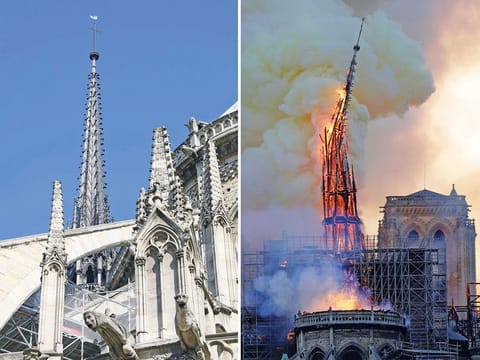 This combination of file photographs shows the steeple Notre-Dame de Paris Cathedral - (left) taken on June 26, 2018 showing sculptures and the steeple and (right) the steeple of the landmark cathedral collapsing as the cathedral is engulfed in flames in central Paris on April 15, 2019.  