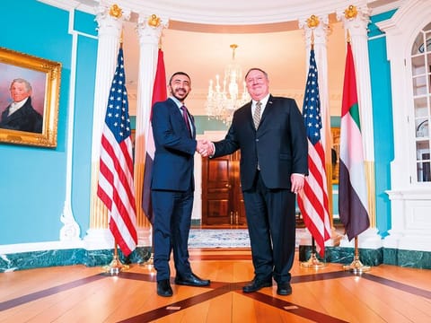 Shaikh Abdullah Bin Zayed Al Nahyan with Mike Pompeo in Washington.