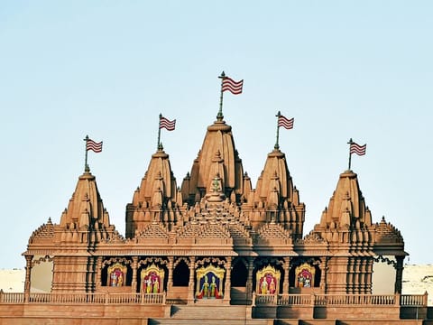 A model of the BAPS Hindu Mandir under construction in Abu Dhabi.