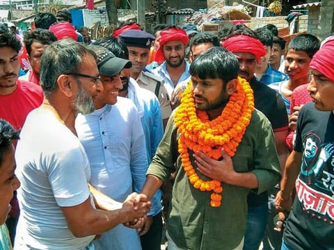 CPI candidate Kanhaiya Kumar interacts with potential voters during his election campaign in Begusarai. 