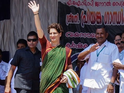 Congress' general secretary Priyanka Gandhi Vadra waves at the crowd during an election campaign rally in the Wayanad Lok Sabha constituency, at Pulpalli in Wayanad, on Saturday, April 20, 2019. 