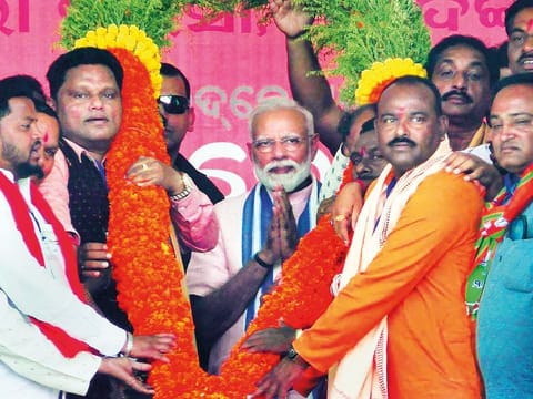 Prime Minister Modi being garlanded by BJP leaders at the party’s Vijay Sankalp Sabha in Sambalpur last week.