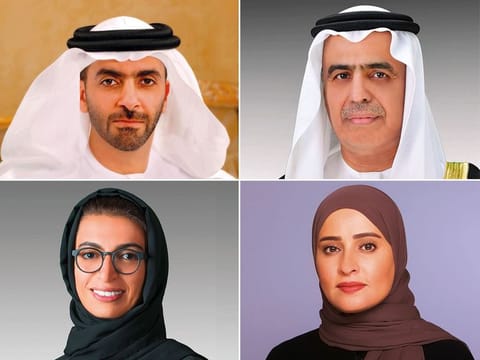 Clockwise from top left: Shaikh Saif Bin Zayed Al Nahyan, Obaid Humaid Al Tayer, Ohoud Khalfa Al Roumi and Noura Mohammad Al Ka’abi.