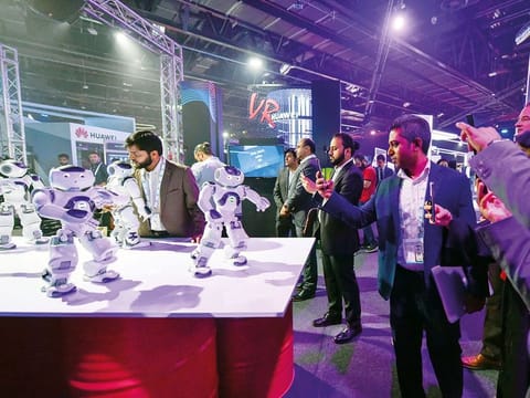Robots at the first-ever AI Everything Summit at Dubai World Trade Centre and Exhibition halls yesterday. The summit aims to promote initiatives, collaborations, partnerships and breakthroughs in the field of Artificial Intelligence.