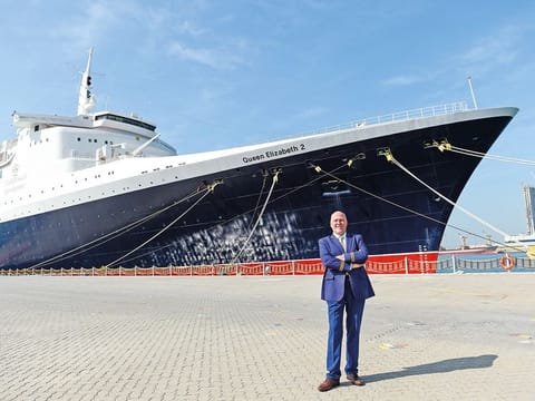 Peter Warwick, Heritage Tour Guide, at Queen Elizabeth 2 in Dubai.