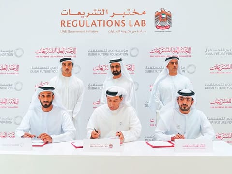 Shaikh Mohammad Bin Rashid Al Maktoum attended the signing of cooperation agreements between RegLab and Dubai Future Foundation and Dubai’s Supreme Legislation Committee. Also present were Shaikh Saif Bin Zayed Al Nahyan and Shaikh Mansour Bin Zayed Al Nahyan.
