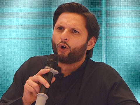 Shahid Afridi speaks during a press conference to present his autobiography in Karachi on May 4, 2019. 