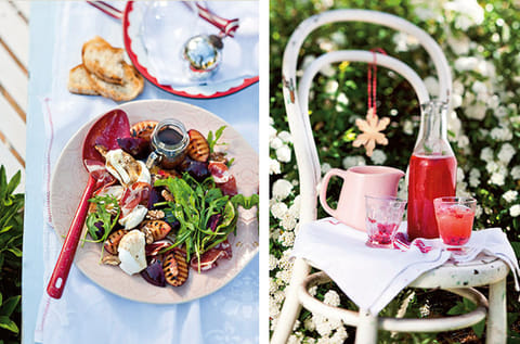Left: Grilled plum, mozzarella and rocket salad.
Right: Strawberry fizz.