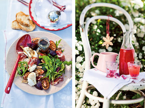 Left: Grilled plum, mozzarella and rocket salad.
Right: Strawberry fizz.