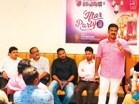Faisal Tahani speaks at the Faisals’ Iftar Party, in the presence of Faisal A.K (left) P.P. Sasindran, Faisal Kannoth and Faisal Beeran, in Dubai last Saturday.